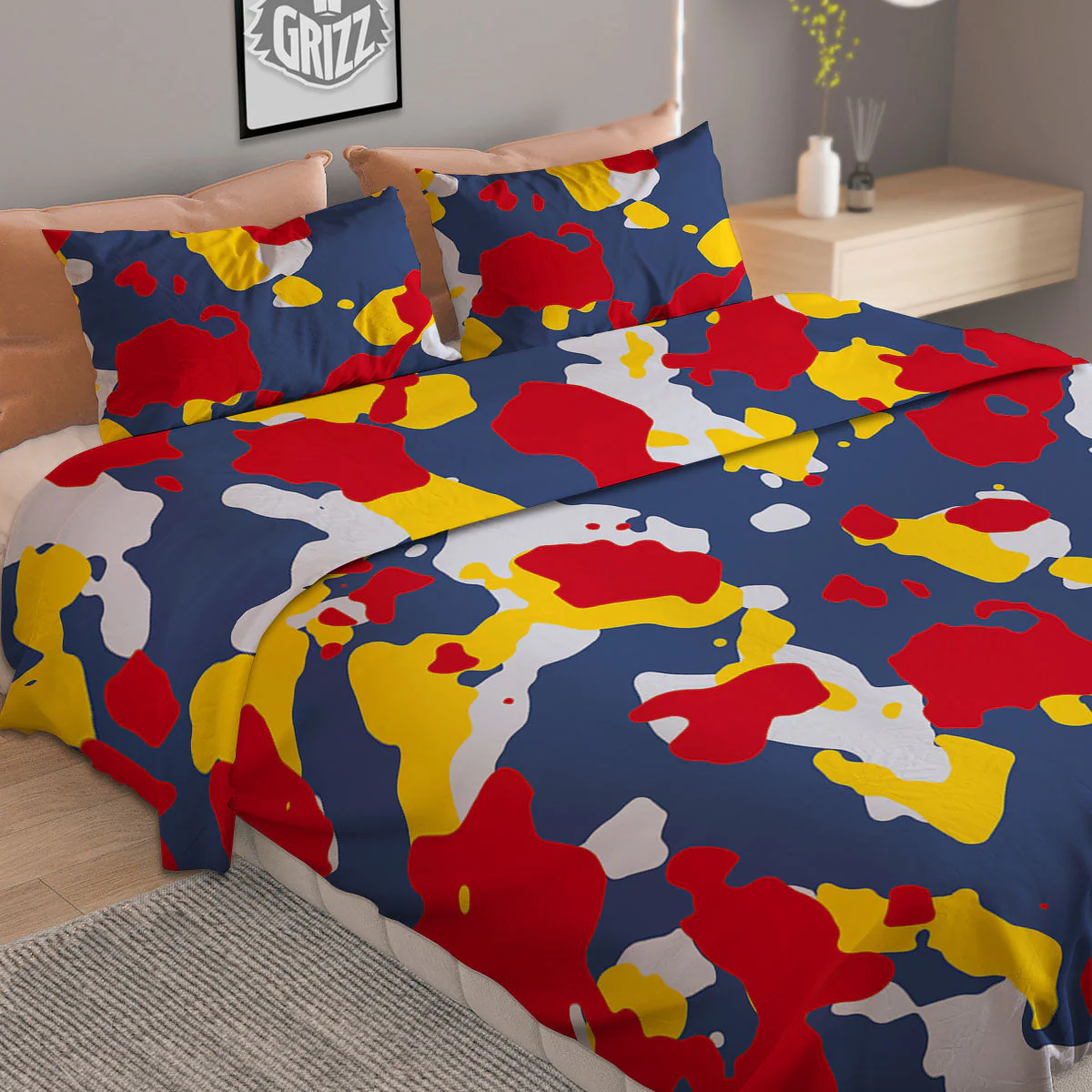 Yellow Red And Blue Camouflage Print Duvet Cover Bedding Set - Image 2