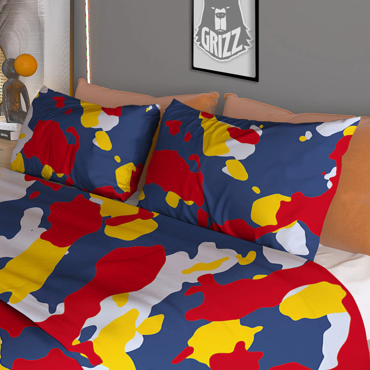 Yellow Red And Blue Camouflage Print Duvet Cover Bedding Set - Image 3