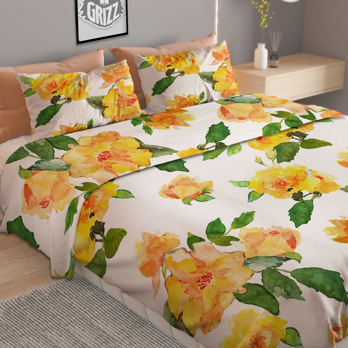 Yellow Rose Watercolor Print Pattern Duvet Cover Bedding Set - Image 2