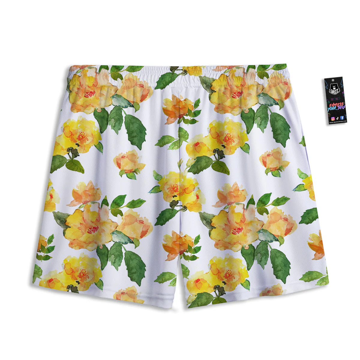 Yellow Rose Watercolor Print Pattern Mesh Shorts - Image 2