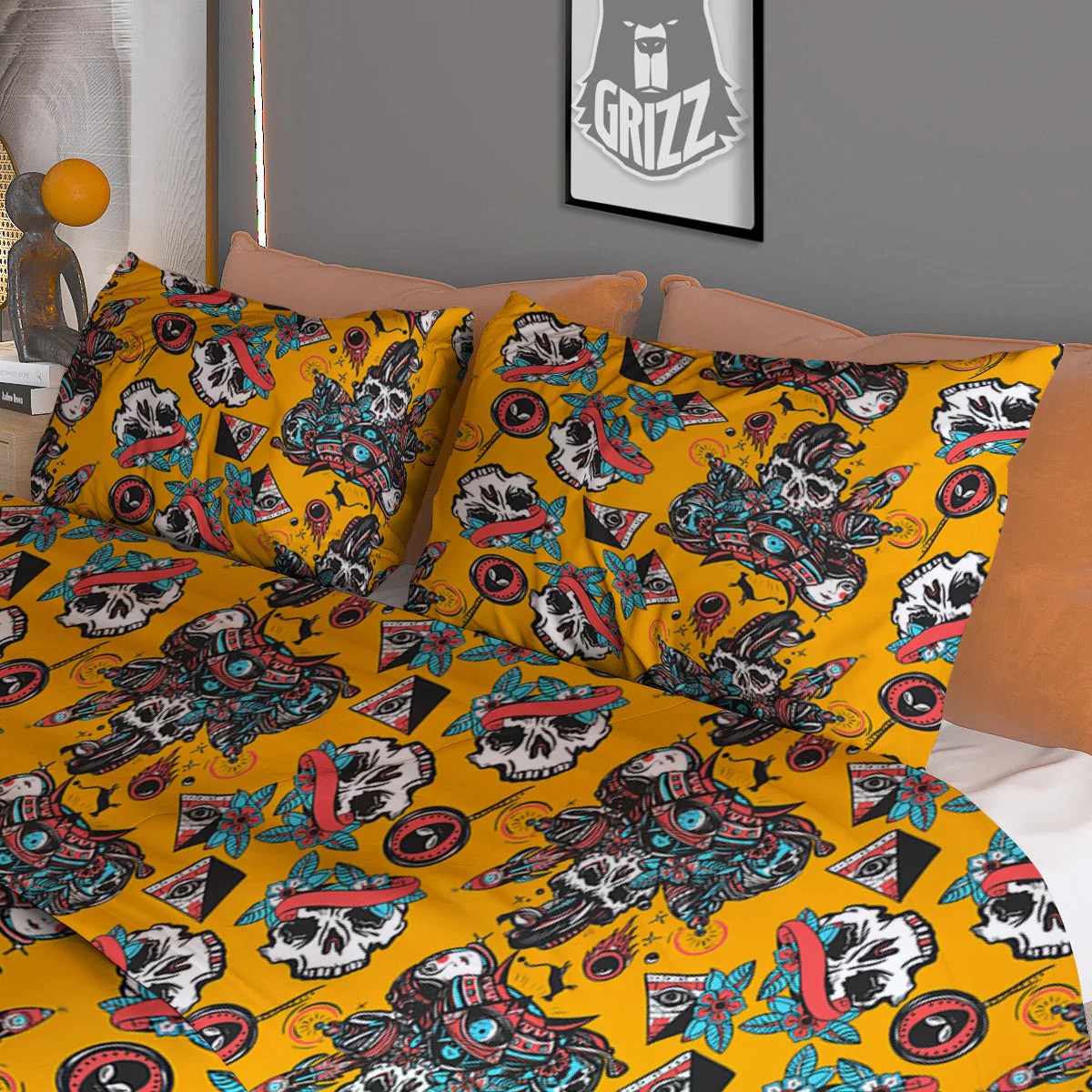 Yellow Skull Old School Tattoo Print Pattern Duvet Cover Bedding Set - Image 3