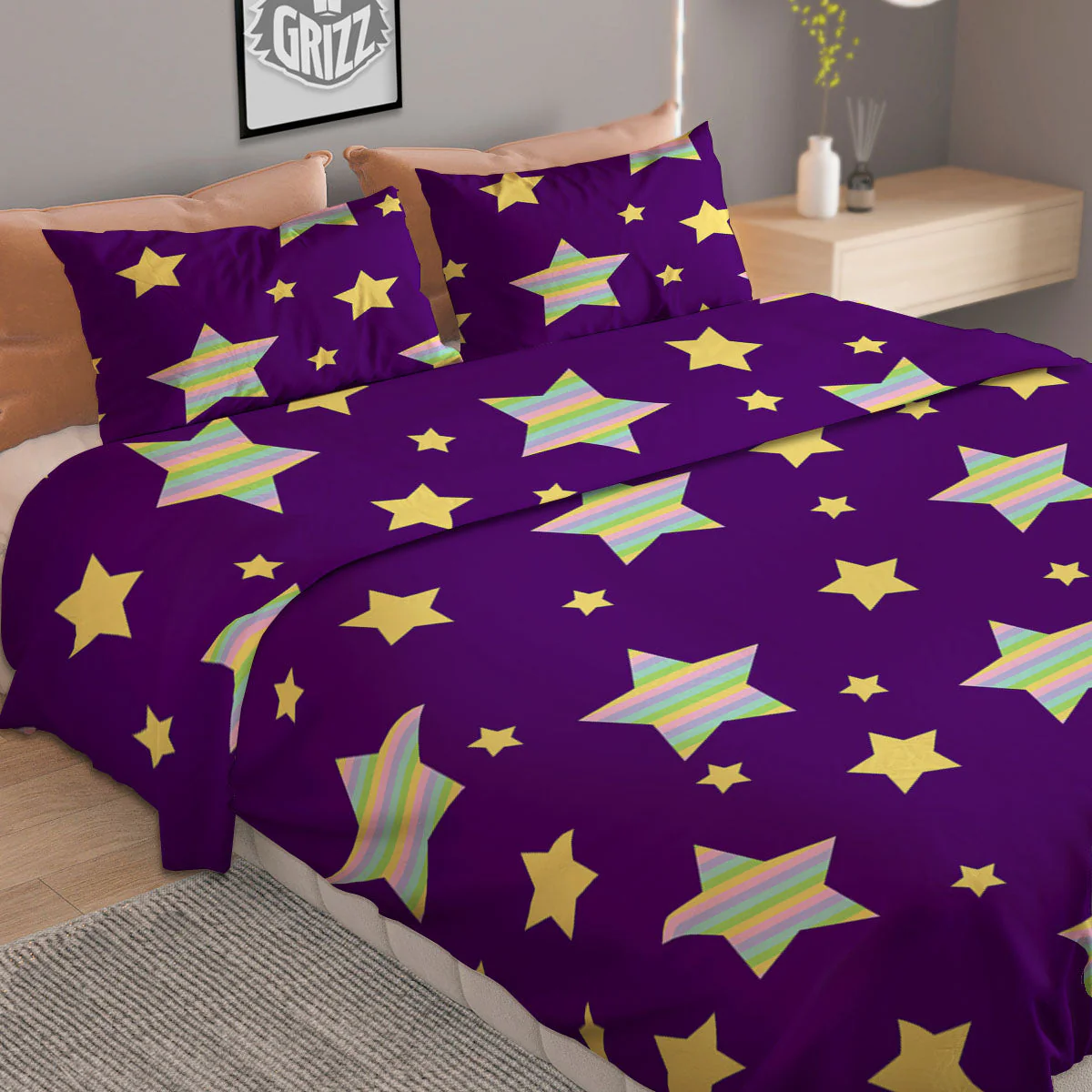 Yellow Stars Purple Print Pattern Duvet Cover Bedding Set - Image 2