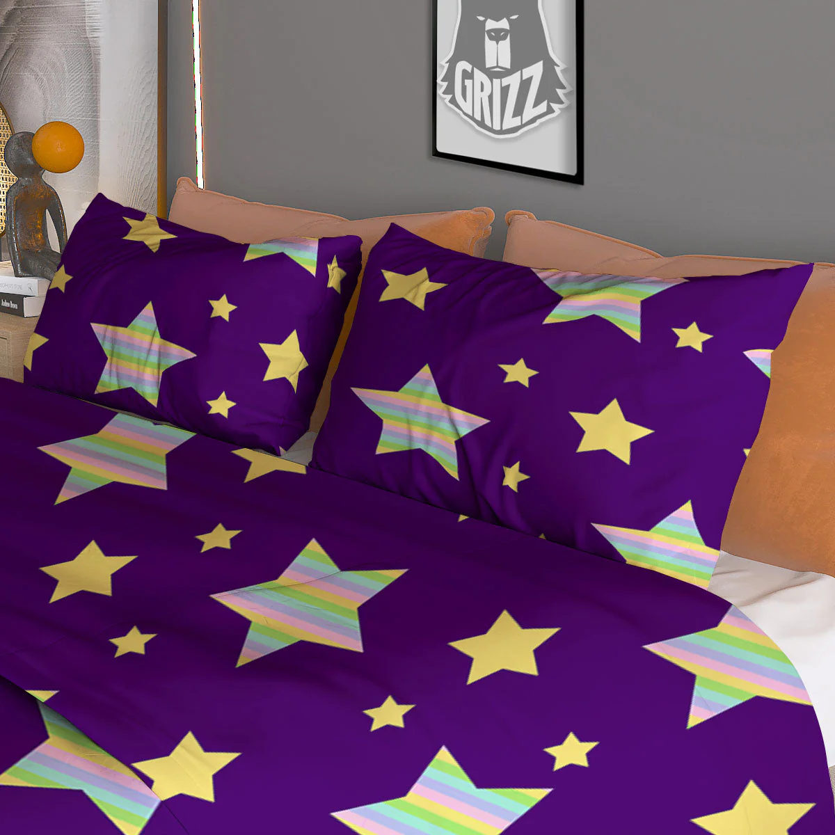 Yellow Stars Purple Print Pattern Duvet Cover Bedding Set - Image 3