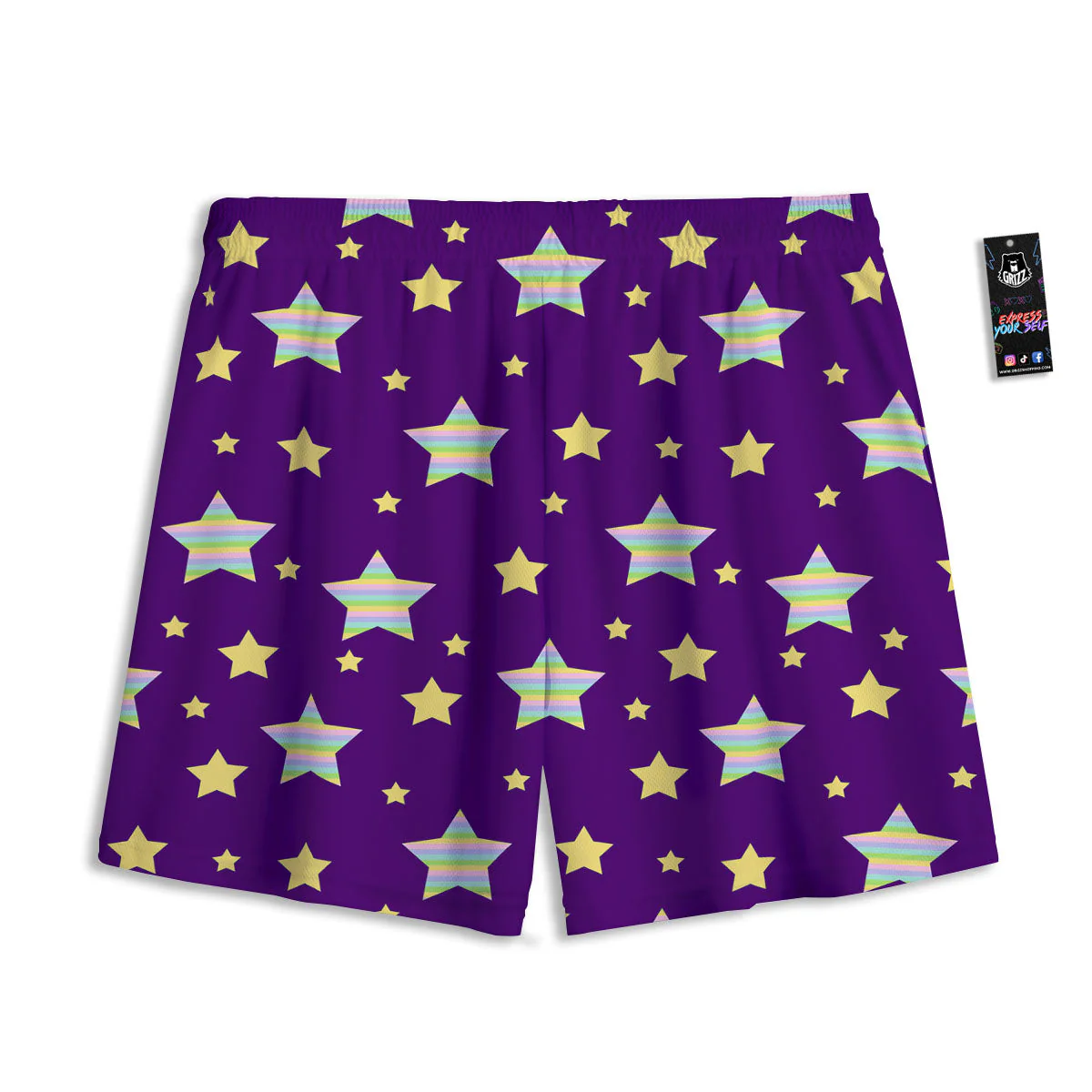 Yellow Stars Purple Print Pattern Mesh Shorts - Image 2