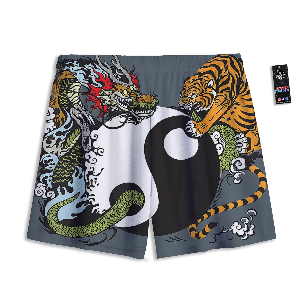 Yin Yang Dragon And Tiger Print Mesh Shorts - Image 2