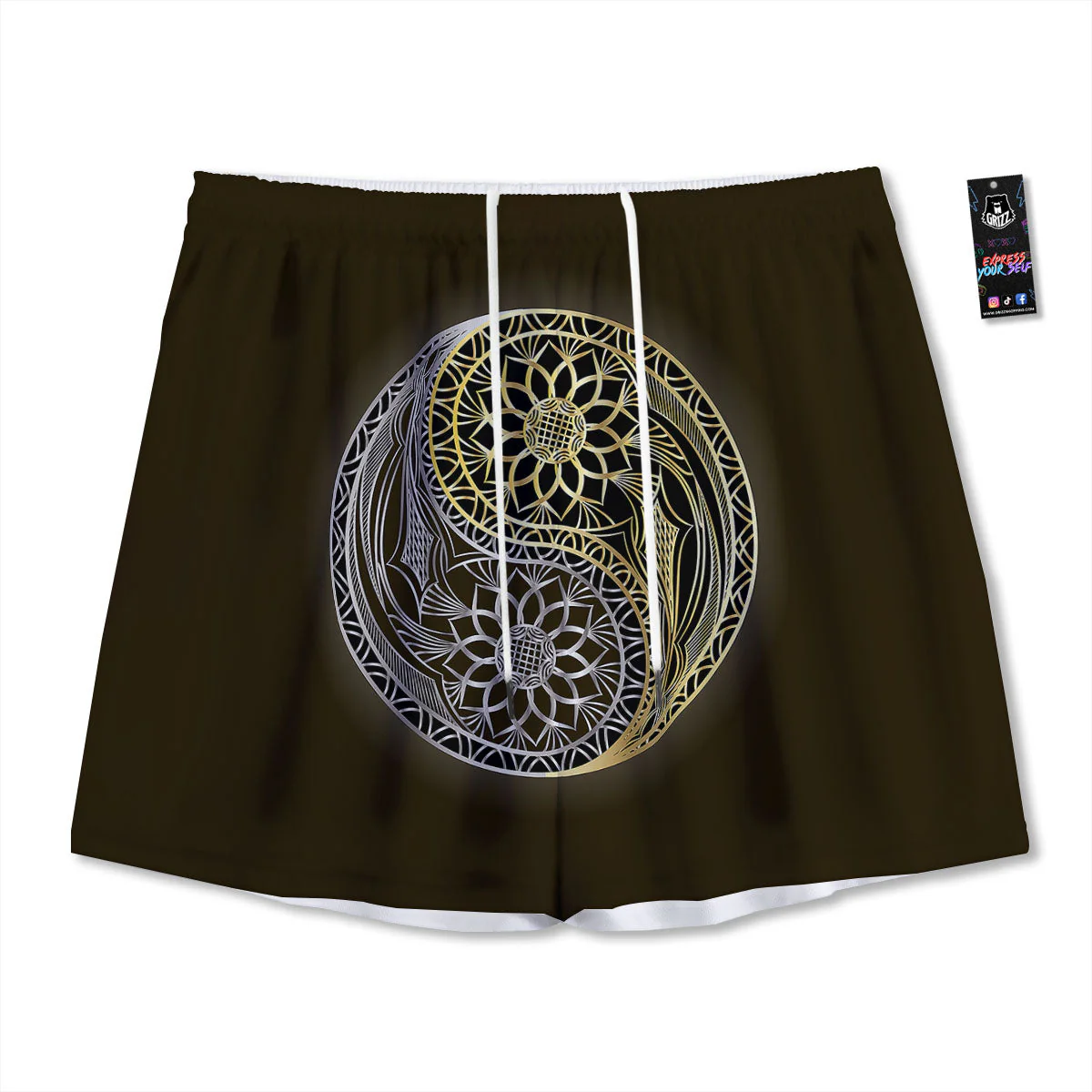 Yin Yang Flower Grey And Gold Print Mesh Shorts