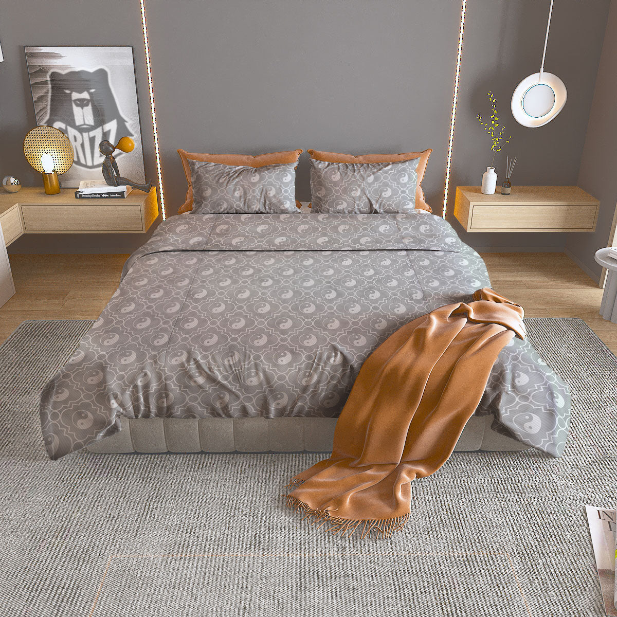 Yin Yang White And Grey Print Pattern Duvet Cover Bedding Set