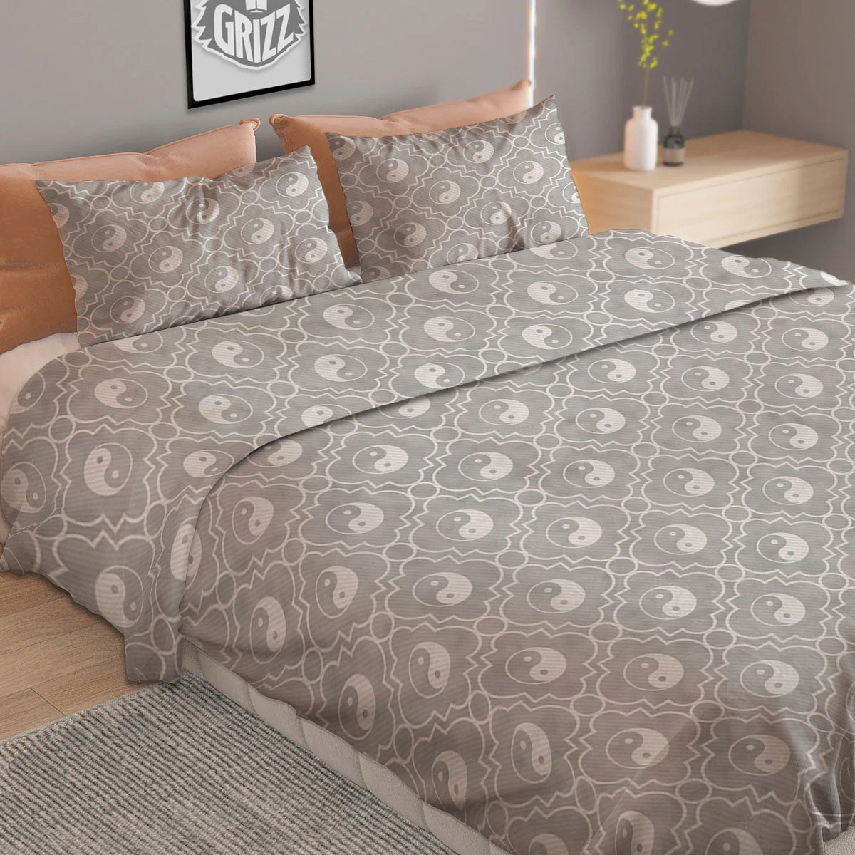 Yin Yang White And Grey Print Pattern Duvet Cover Bedding Set - Image 2