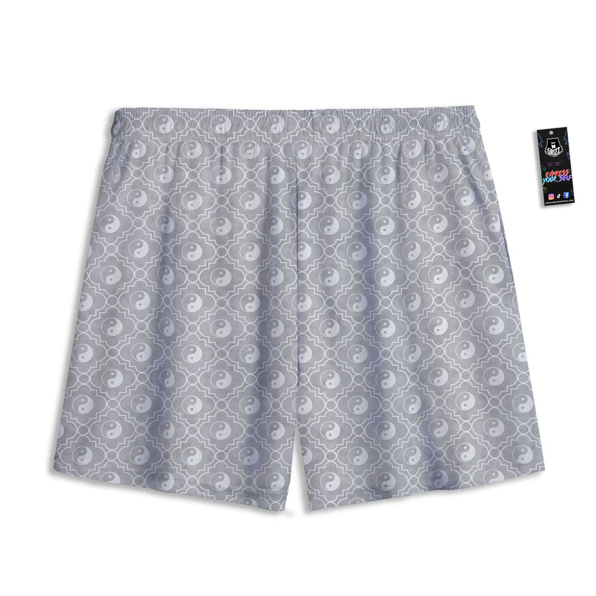 Yin Yang White And Grey Print Pattern Mesh Shorts - Image 2