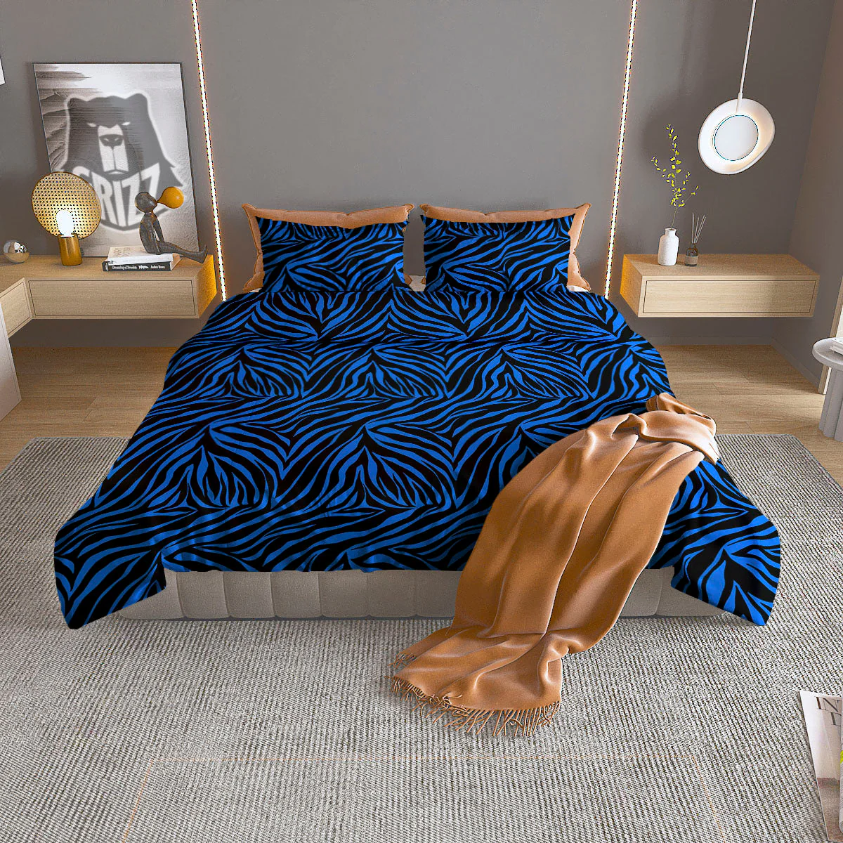 Zebra Black Blue Print Pattern Duvet Cover Bedding Set