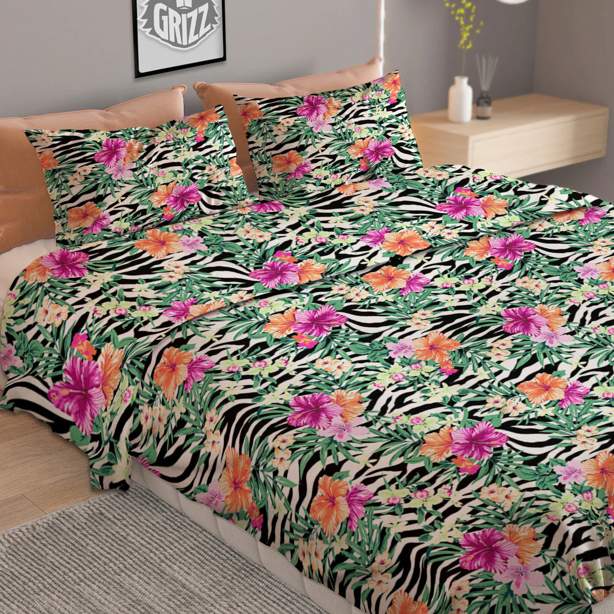 Zebra Floral Black White Print Pattern Duvet Cover Bedding Set - Image 2