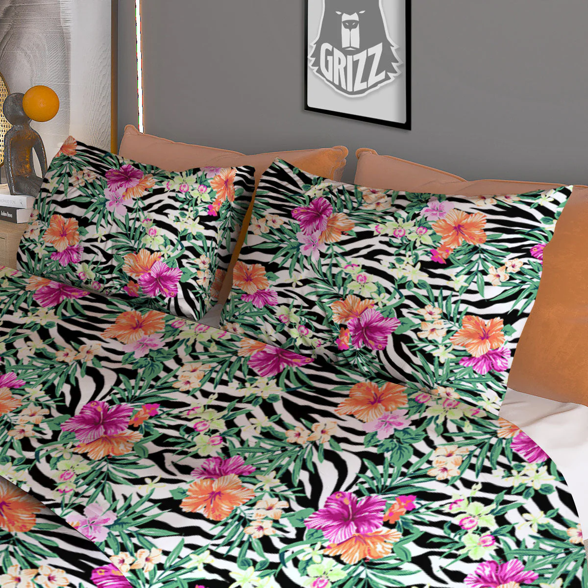 Zebra Floral Black White Print Pattern Duvet Cover Bedding Set - Image 3
