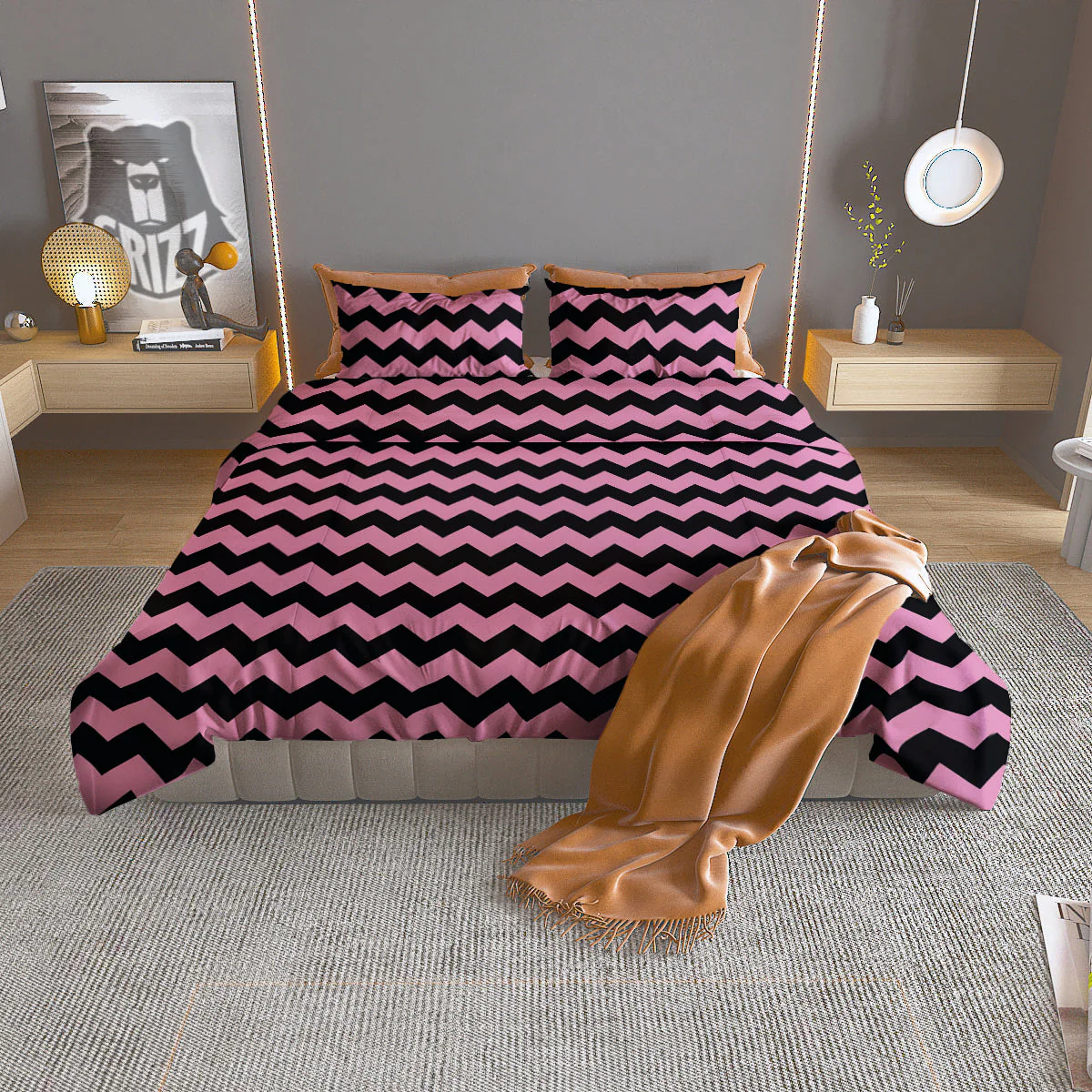 Zigzag Black And Pink Print Pattern Duvet Cover Bedding Set