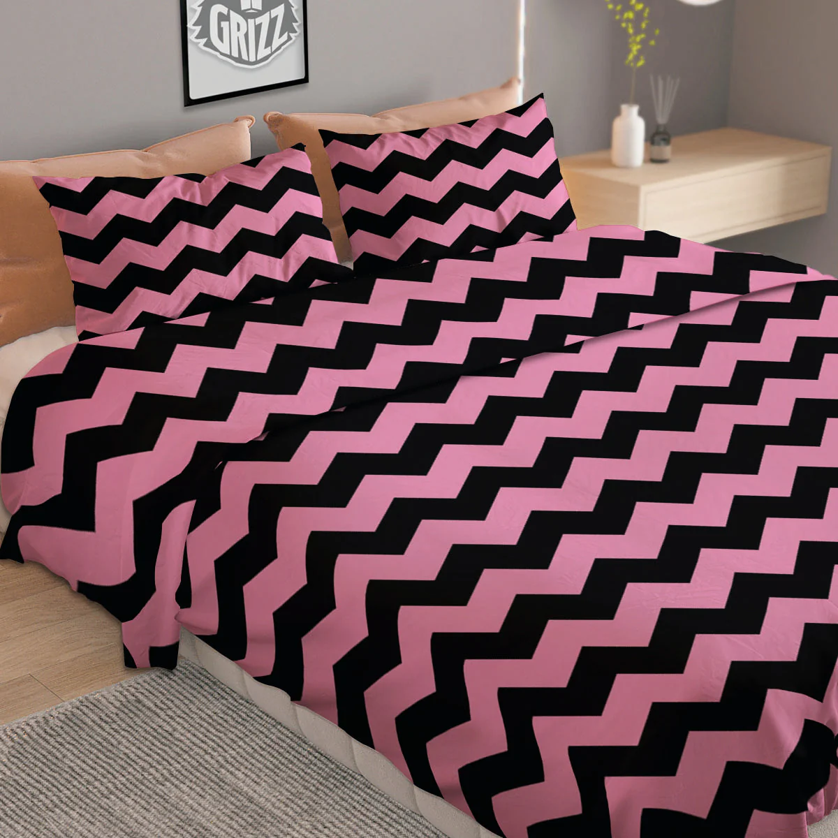 Zigzag Black And Pink Print Pattern Duvet Cover Bedding Set - Image 2