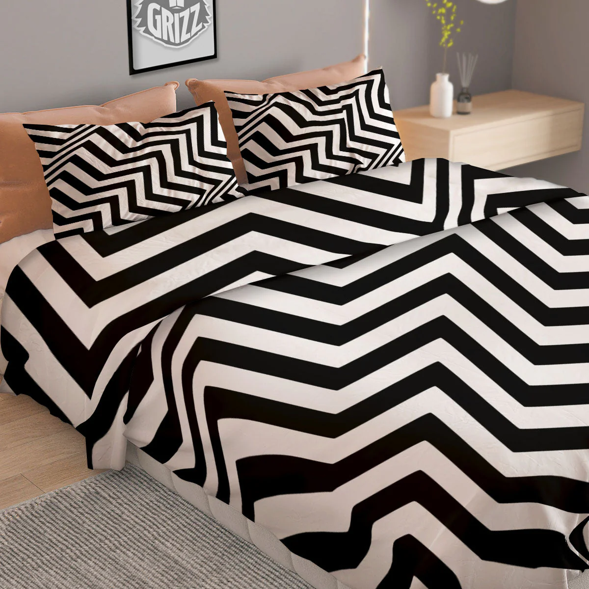 Zigzag Dazzle White And Black Print Duvet Cover Bedding Set - Image 2