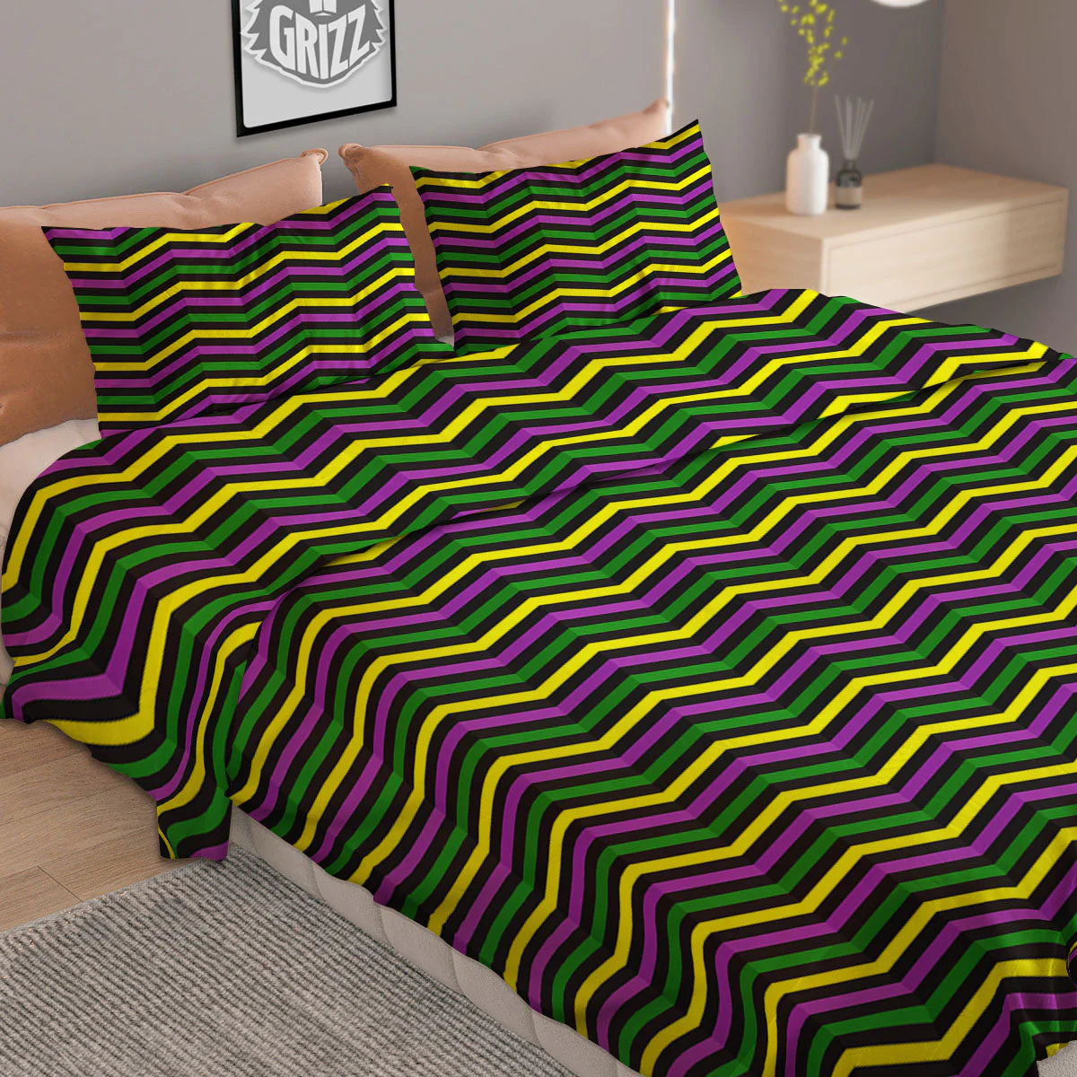 Zigzag Mardi Gras Print Pattern Duvet Cover Bedding Set - Image 2