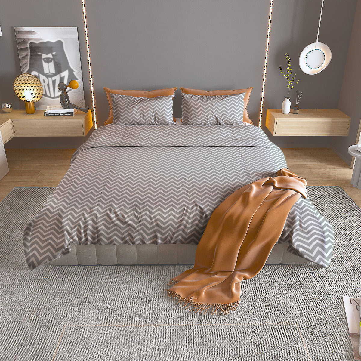 Zigzag White And Grey Print Pattern Duvet Cover Bedding Set