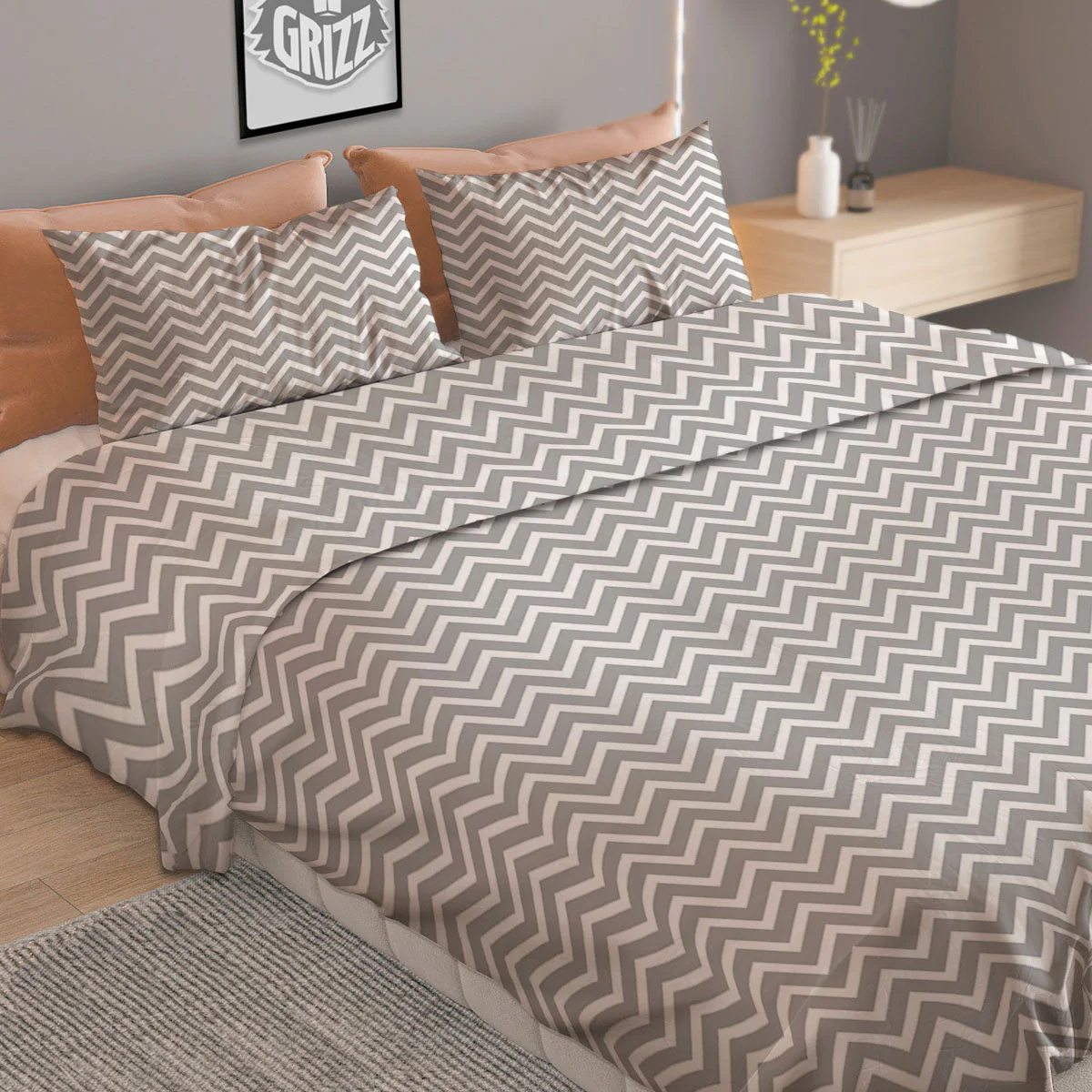 Zigzag White And Grey Print Pattern Duvet Cover Bedding Set - Image 2