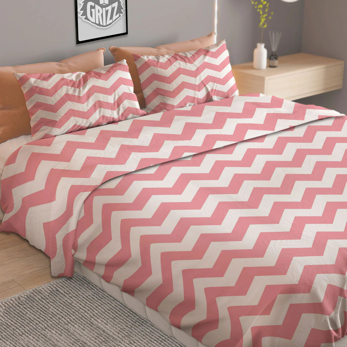 Zigzag White And Pink Print Pattern Duvet Cover Bedding Set - Image 2