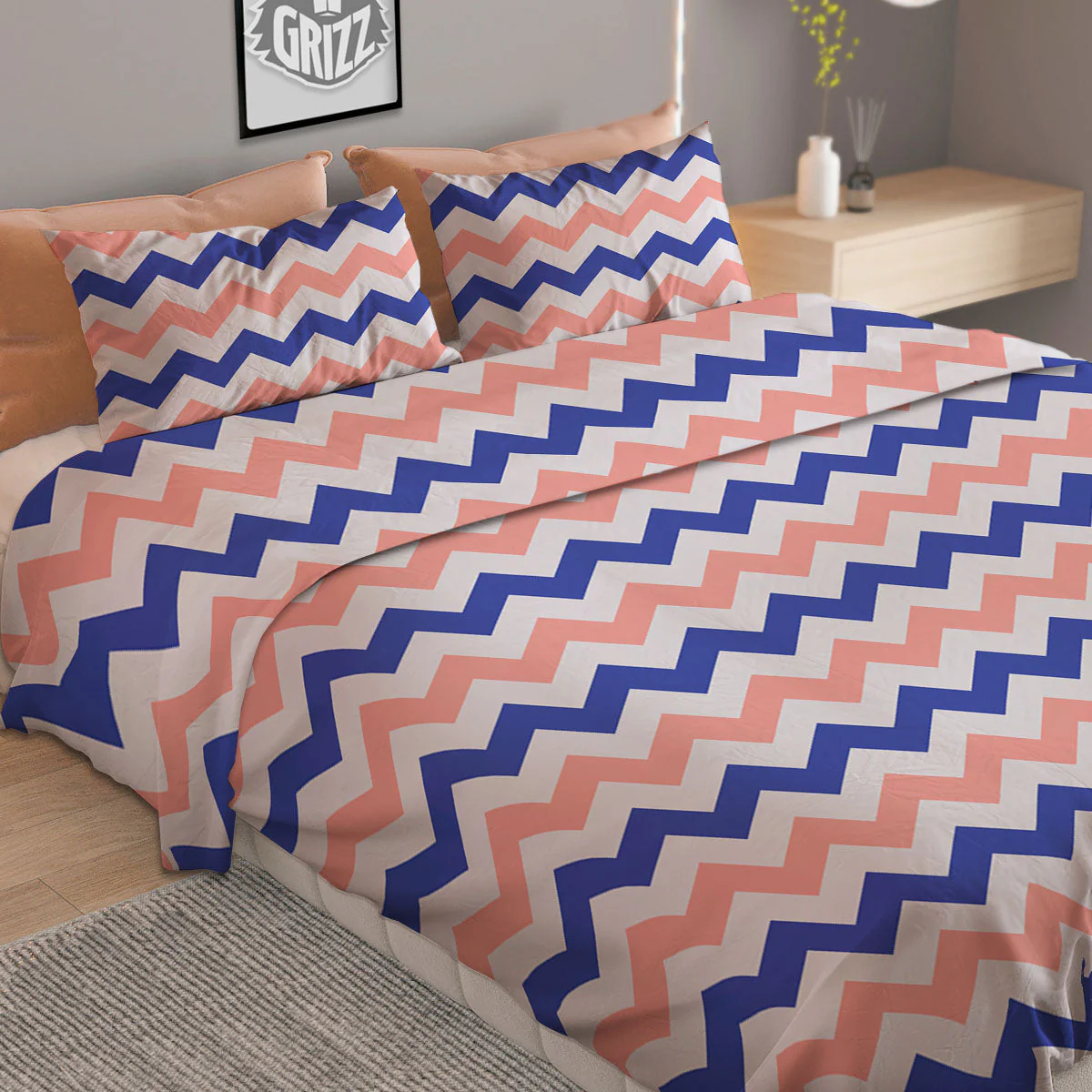 Zigzag White Pink And Navy Print Pattern Duvet Cover Bedding Set - Image 2