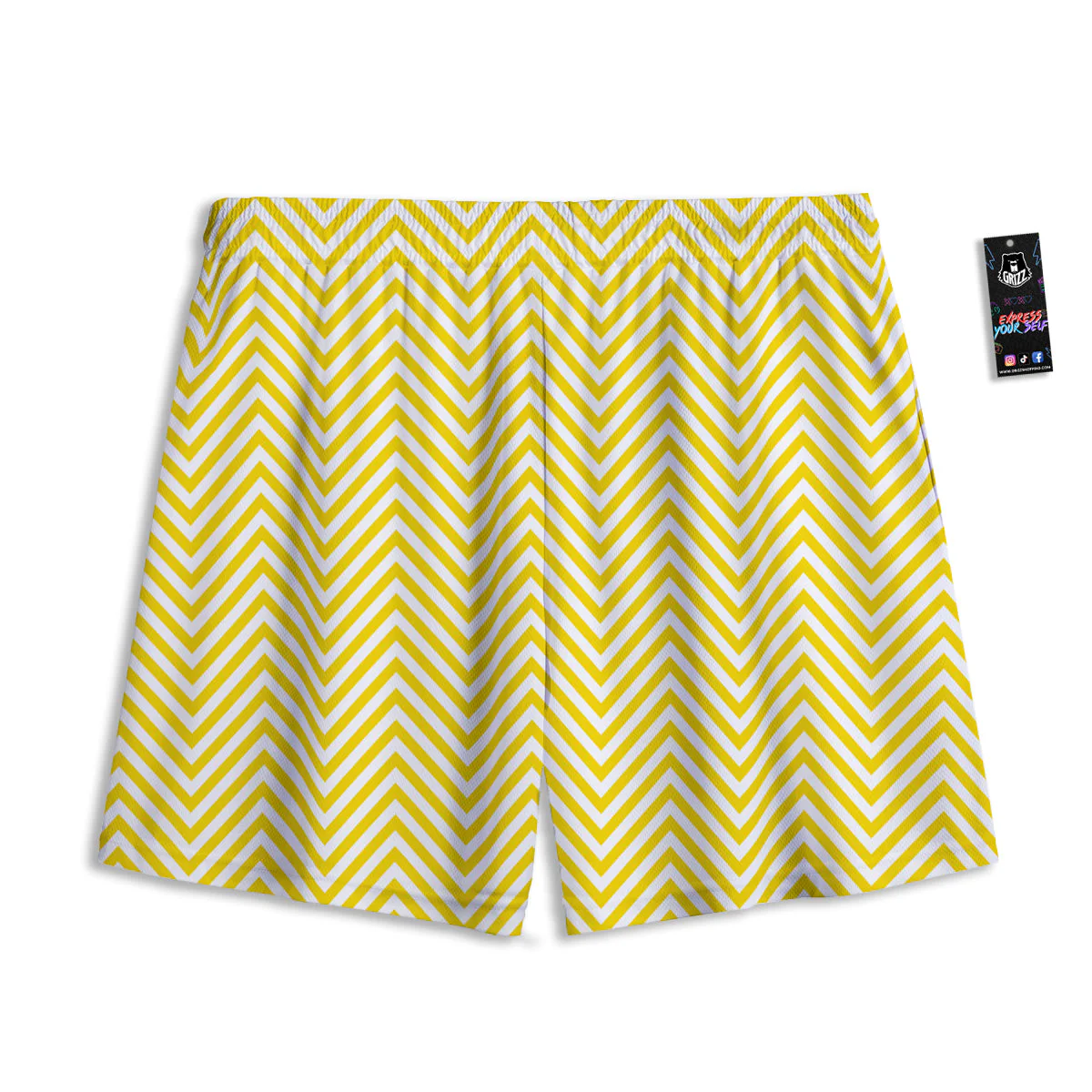 Zigzag Yellow And White Print Pattern Mesh Shorts - Image 2