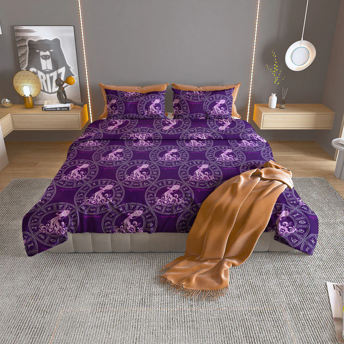 Zodiac Aquarius Purple Print Pattern Duvet Cover Bedding Set
