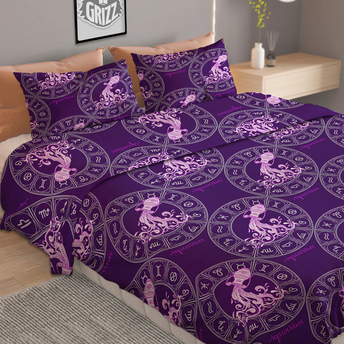 Zodiac Aquarius Purple Print Pattern Duvet Cover Bedding Set - Image 2