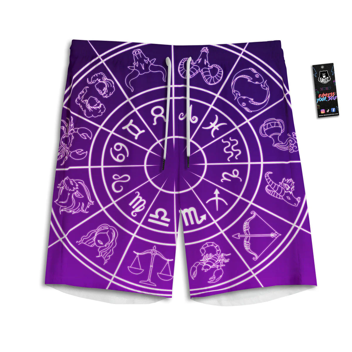 Zodiac Purple And White Signs Print Men's Athletic Shorts