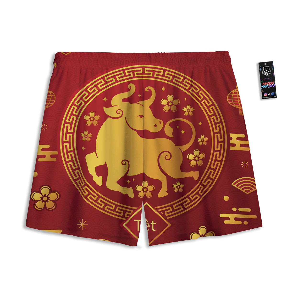 Zodiac Sign Chinese Ox Print Mesh Shorts - Image 2