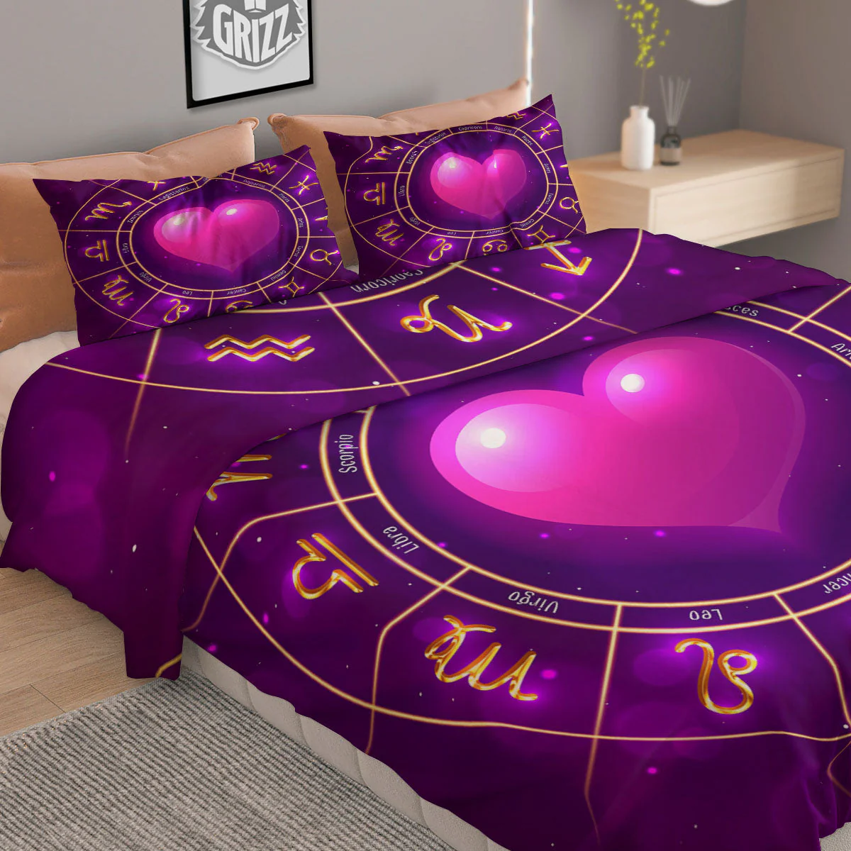 Zodiac Wheel Pink Heart Print Duvet Cover Bedding Set - Image 2