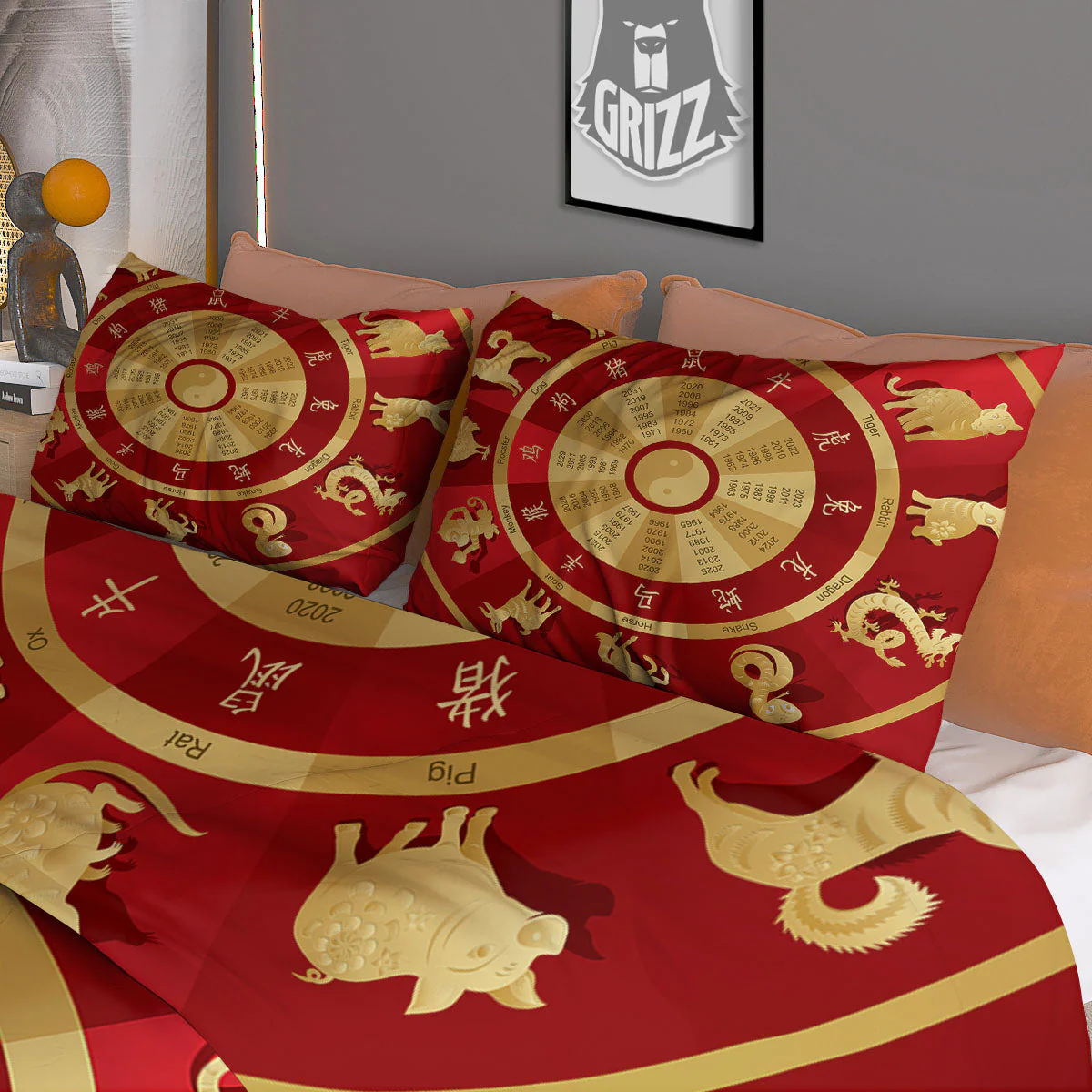 Zodiac Wheel Red Chinese Print Duvet Cover Bedding Set - Image 3