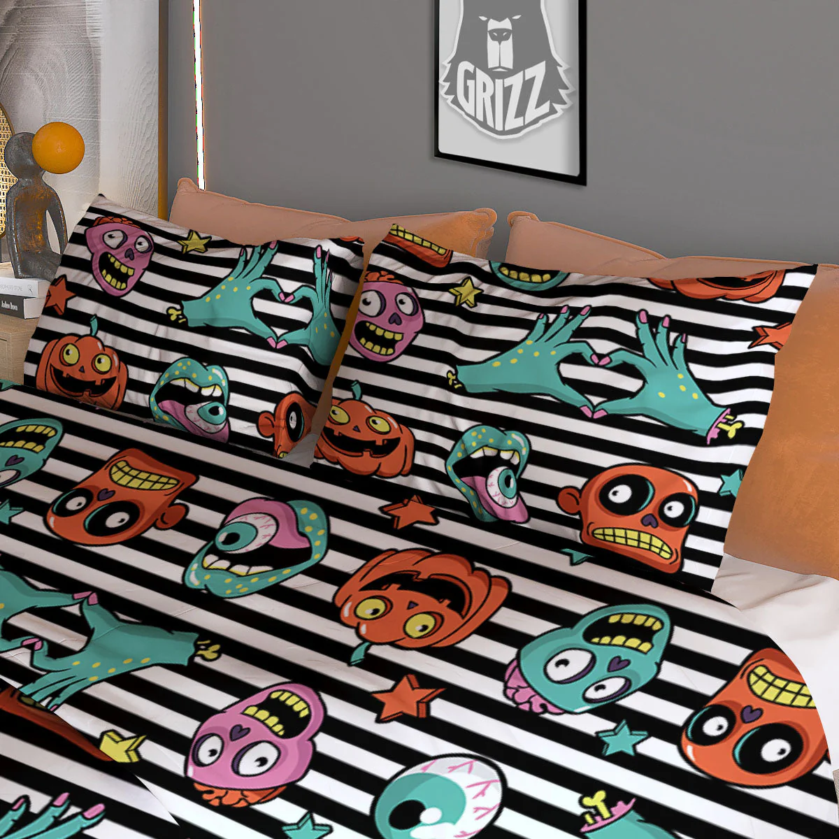 Zombie Striped Halloween Print Pattern Duvet Cover Bedding Set - Image 3